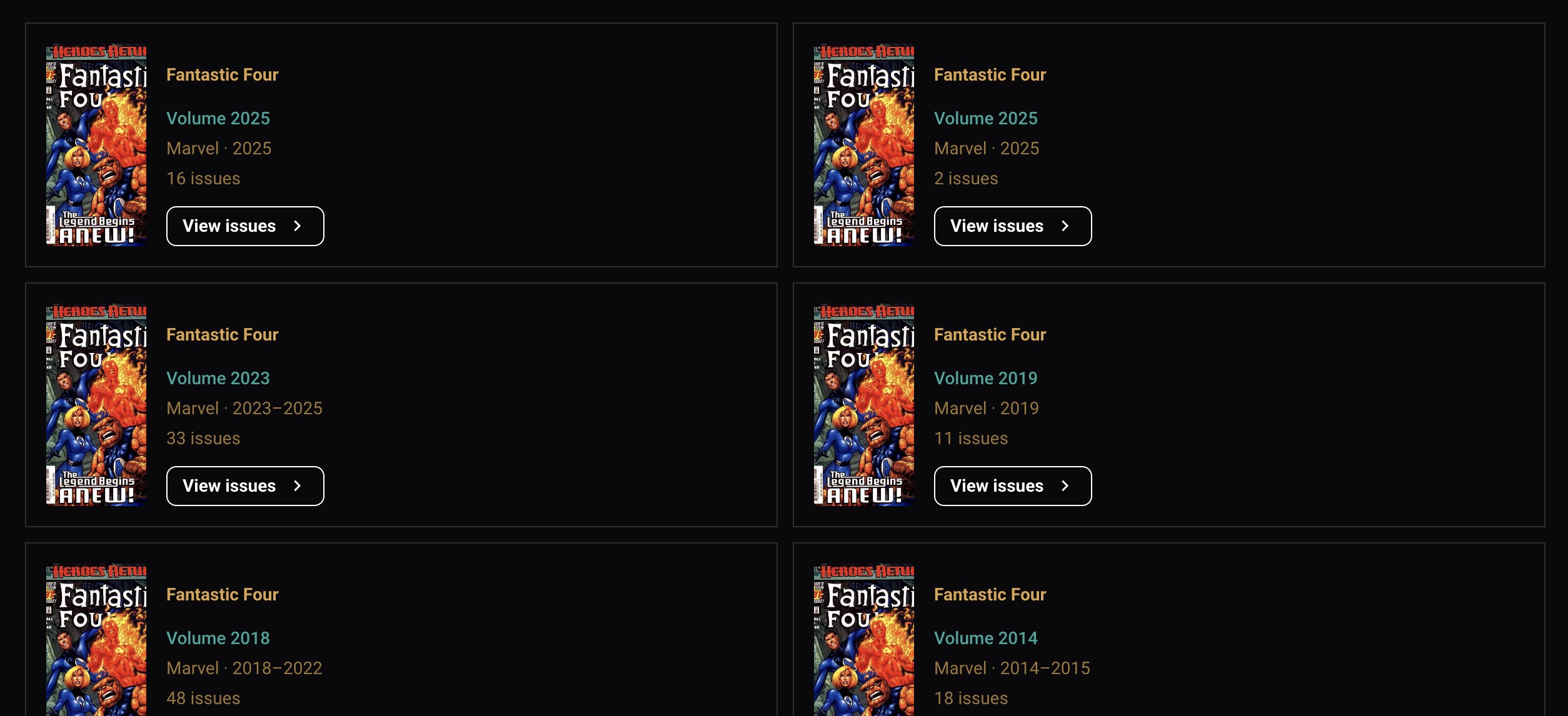 Store website listing Fantastic Four volumes with issue counts