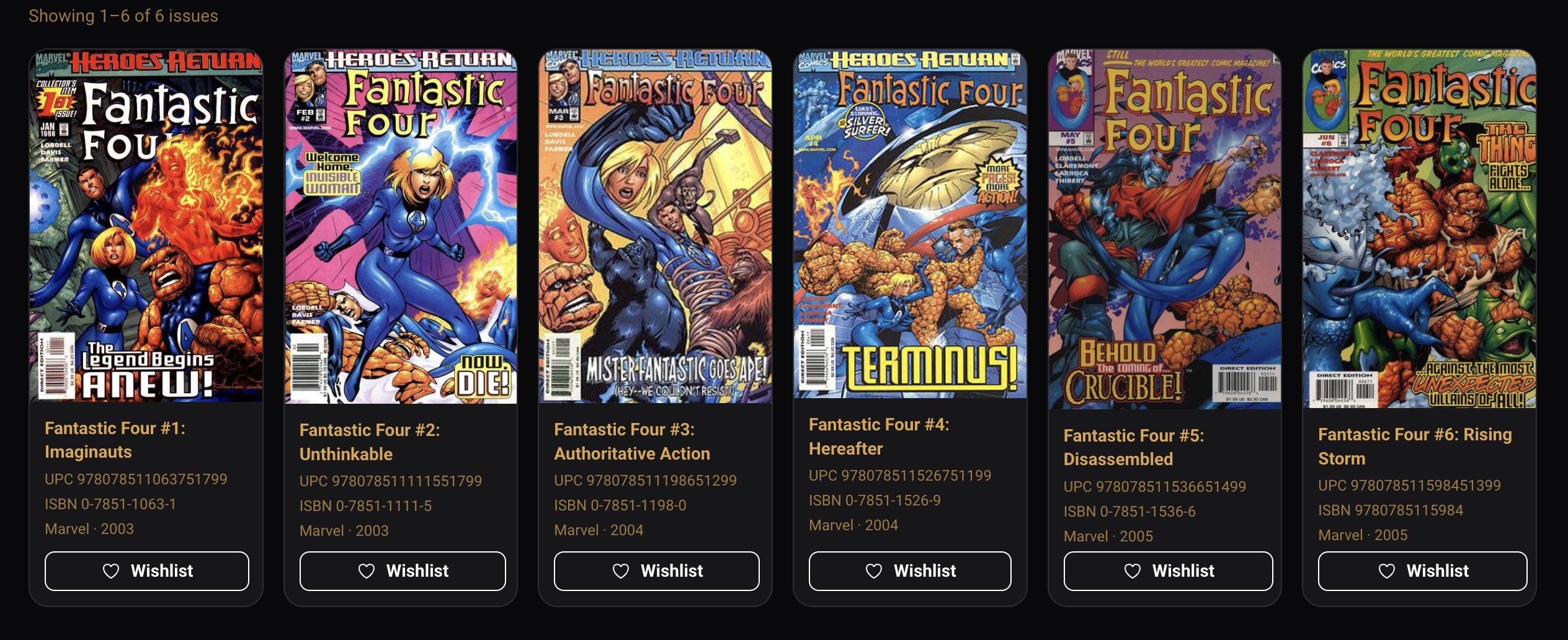 Fantastic Four issues #1 to #6 on the store website, each with a Wishlist button